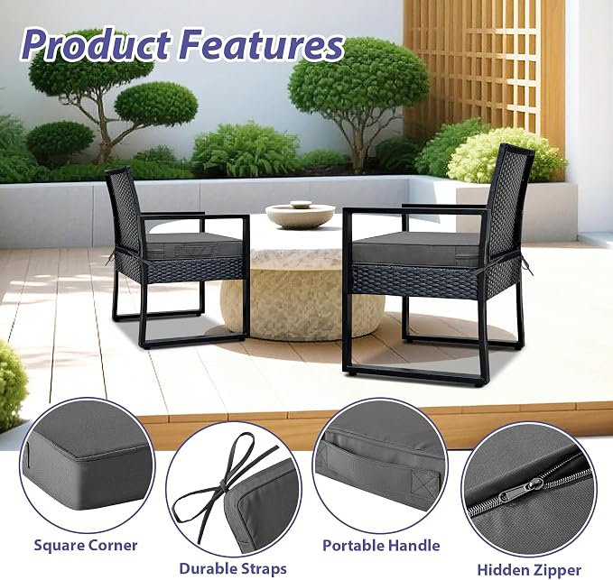IPYNBAP Outdoor Chair Cushions Set of 4 -Waterproof Outdoor Seat Cushions for Patio Furniture, Patio Chair Cushion with Handle and Ties, Out Door Chair Pads,19x19x3-Square, Darkgrey