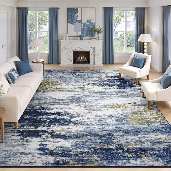 8x10 Area Rug for Living Room, Abstract Washable Large Rugs, Dark Blue | Neutral Carpet for Bedroom, Dining Room, Home Office, Nursery,Indoor, Stain Resistant, Non-Slip, Low Pile, Modern Rug