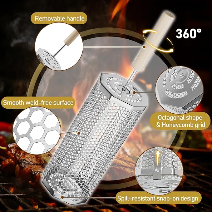 Octagonal Grill Basket, Heavy Duty 304 Stainless Steel BBQ Grilling Basket, Removable Handles, Nesting Storage, Smoker Camping Accessories, Gifts for Men Dad Husband(2PCS)