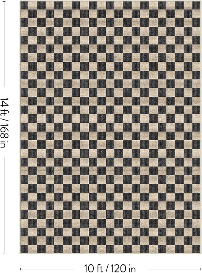 LIVEBOX 10x14 Area Rugs for Living Room, Checkered Non-Slip Washable Rugs, Farmhouse Neutral Classic Geometric Pattern Large Boys Area Rug for Bedroom, Carpet for Dining Room Office (Black,10'x14')