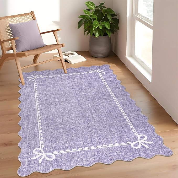 GarveeHome Scalloped Bow Rug 3x5 Washable Purple Rugs for Girls Bedroom | Non Slip Soft Low Pile Indoor Carpet for Living Room Nursery Decor Hallway Kids Room College Dorm Playroom