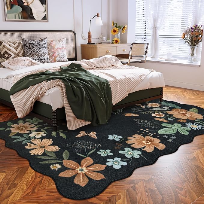 Lahome Floral Rugs for Living Room, 5x7 Area Rugs Ultra-Thin Soft Washable Rug, Non-Slip Bedroom Rug Stain Resistant Boho Flore Carpet for ‎Dining Room Office (5x7ft,Black/Grey)