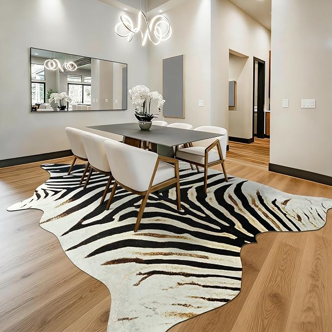 BENRON Zebra Rug, Animal Print Rug for Living Room Bedroom 5.2x6.2ft | Western Faux Zebra Print Rug, Animal Skin Carpets, Non-Slip Throw Rug for Home Decor, Black and Brown, Ivory