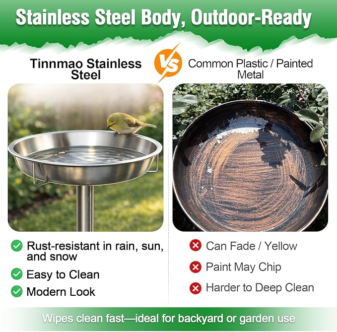 tinnmao 304 Stainless Steel Bird Bath for Outside, 40 Inch Tall Freestanding Metal Birdbath & Feeder with Removable Bowl for Garden Yard Patio Lawn