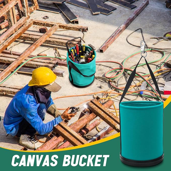 2 Pack Canvas Bucket 15" x 12" Heavy Duty Lineman Tool Bag with Plastic Bottom & Metal Hook Electrician Tool Organizer for Jobsite Use, Load Rated up to 150 Pounds (Turquoise)