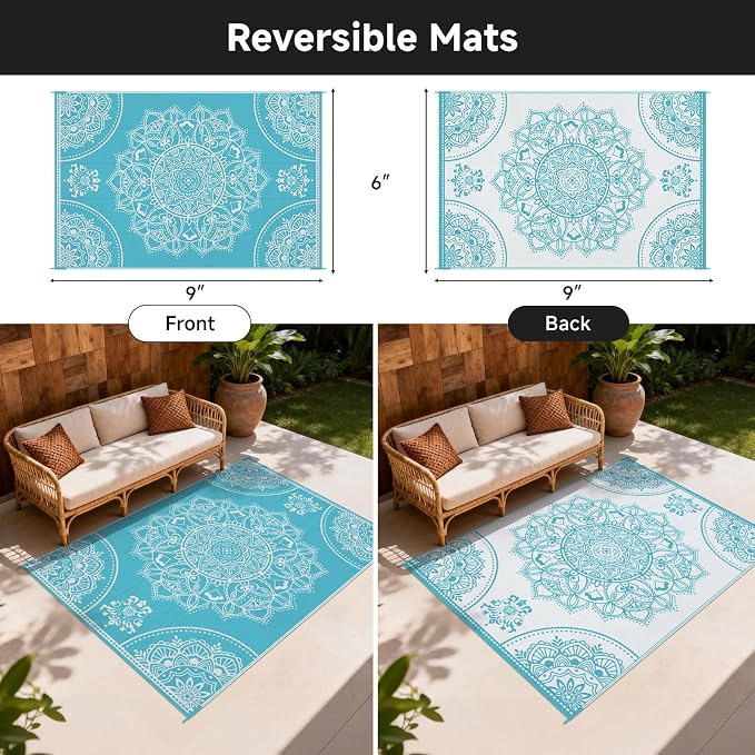 Pauwer Waterproof Outdoor Rug 6x9, Reversible Plastic Straw Patio Camping Rug, Indoor Outdoor RV Mat Carpet for Deck, Camper, Porch, Balcony, Backyard, Picnic, Floral Teal