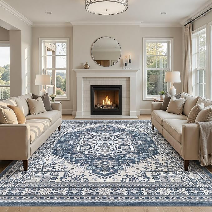 UERMEI 10x12 Area Rug for Living Room - Washable Vintage Carpet, Non-Slip Soft Large Indoor Floor Rugs for Bedroom Home Office & Under Dining Table Decor, Denim Blue/White