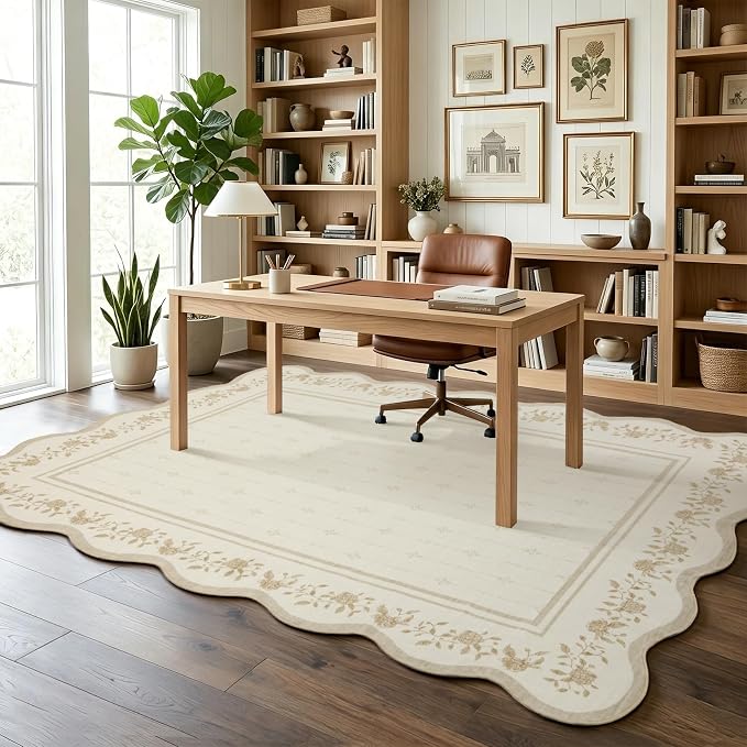 Garvee Large Area Rug Washable 10x13 Scalloped Floral Living Room Rug Ivory | Soft Non Slip Low Pile Indoor Carpet Stain Resistant Modern Bordered Accent Carpet for Bedroom Nursery Kids Room Office