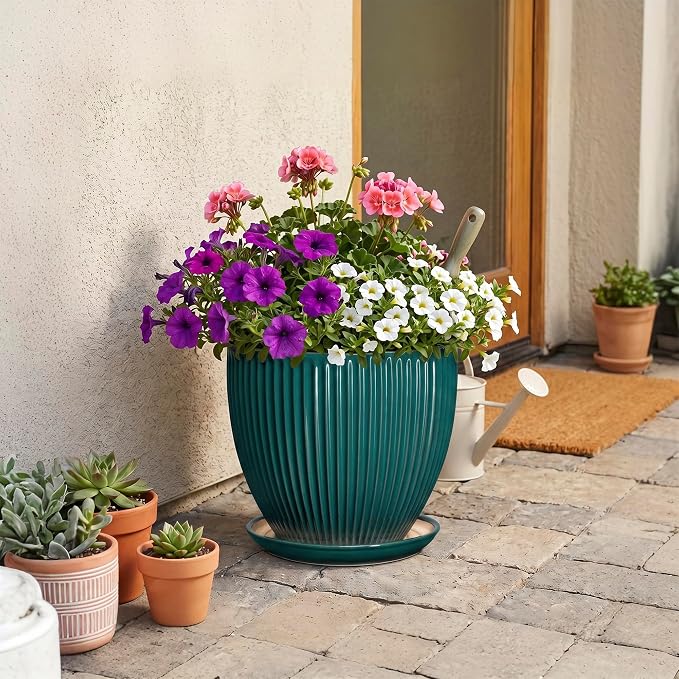 10 Inch Flower Pot, Round Ceramic Planters for Indoor Plants, Decorative Plant Pots with Drainage Hole and Saucer, Modern Large Planter, Office Decor, House Warming Gifts, Blackish Green
