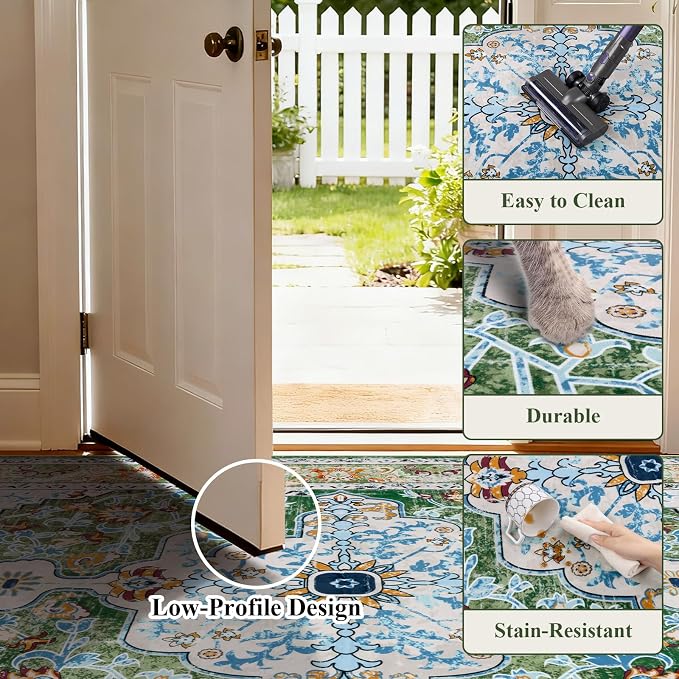 U'Artlines Boho Vintage Area Rug 5x8 Machine Washable Carpet, Green | Low Pile, Non Slip, Ultra-Thin Soft Floor Carpet, Accent Rug for Living Room Bedroom Dining Room Office