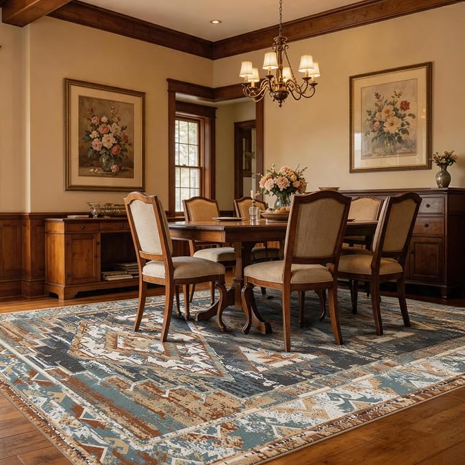 Washable 8x10 Area Rug for Living Room, Rustic Farmhouse Low-Pile Non-Slip Carpet, Stain Resistant Vintage Southwestern Rug for Dining Room Bedroom, Blue Rust Ivory