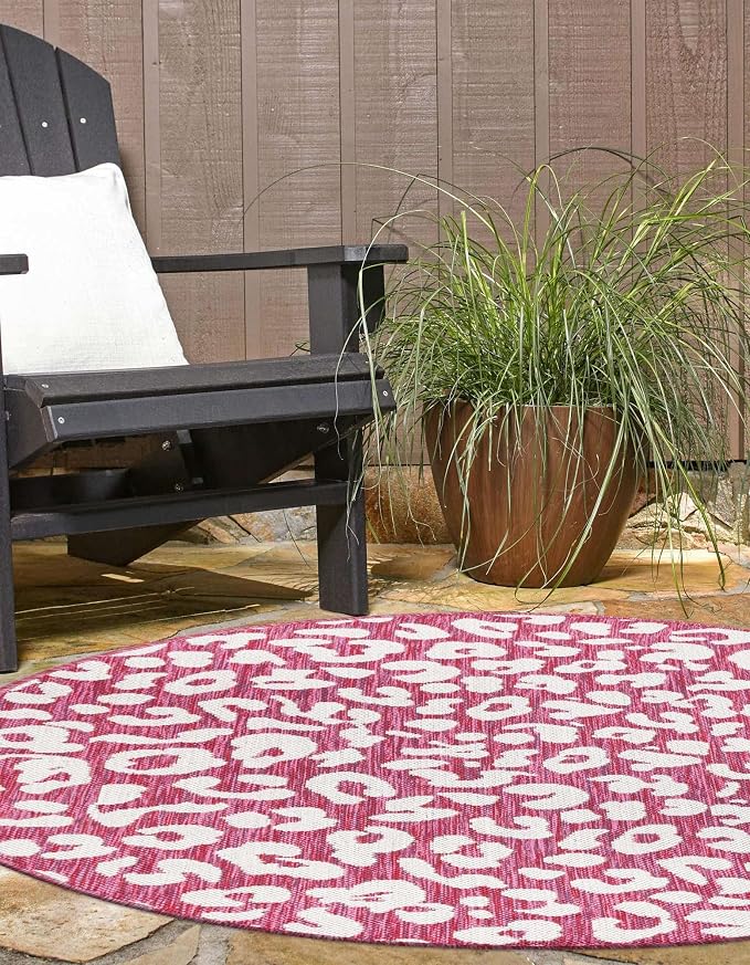 Unique Loom Outdoor Safari Collection Area Rug - Leopard (13' Round, Magenta/ Ivory)