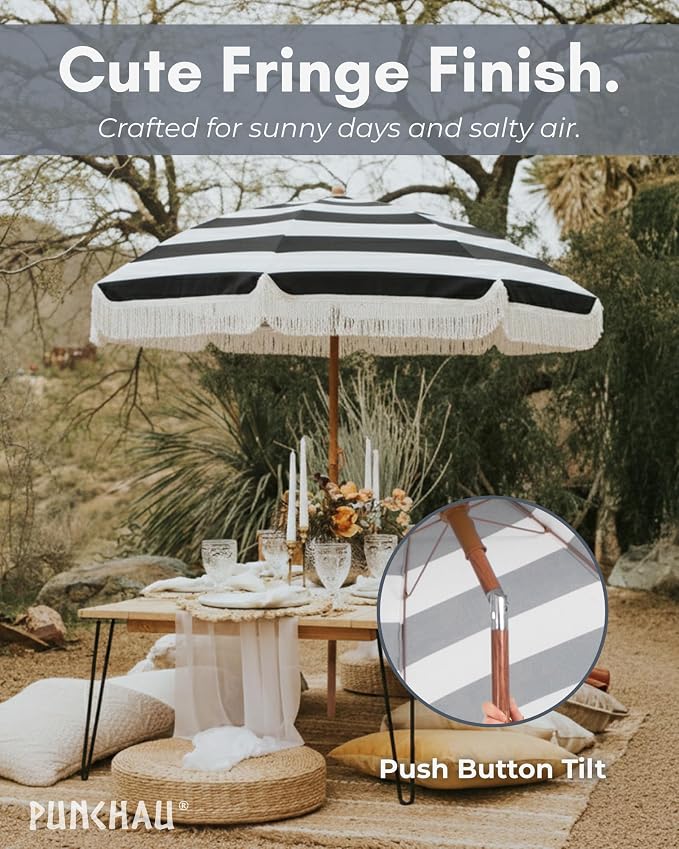 6 Ft Fringe Patio Umbrella - Outdoor Umbrella for Patio, Pool, Table, Garden, Deck, Beach, and Outdoors - Fashionable Boho Vintage Tassels & Wood Print - Push Button Tilt Pole