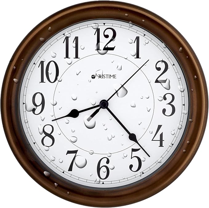 JUSTIME 8.5 Inch Water-Resistant Wall Clock for Bathroom, Kitchen, Boat, RV — Silent Non-Ticking, Battery Operated, 3-Point Mount, Indoor Outdoor Analog Clock for Humid Areas & Marine Use