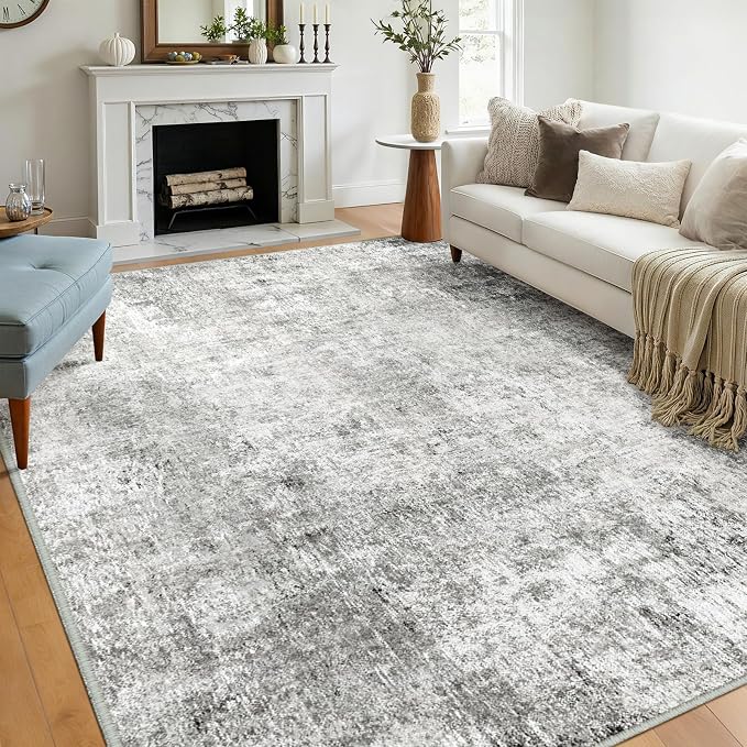 RELEANY Washable 5'x7' Abstract Area Rug for Living Room Gray White | Carpet for Bedroom, Kitchen, Office, Hallway and Entryway, Printed Pattern, Non‑Slip, Soft, Stain‑Resistant, Easy to Clean