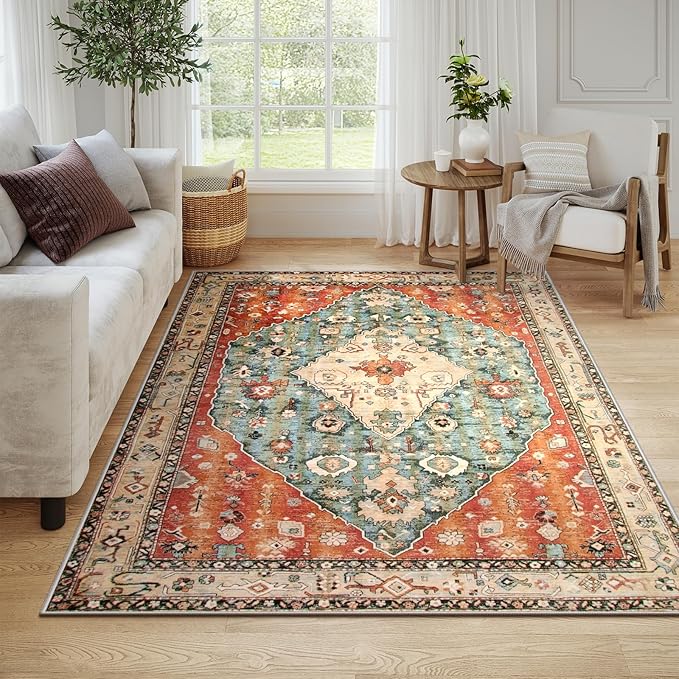 Lahome Felice Boho Tribal 6x9 Area Rugs for Living Room, Washable Soft Rug for Bedroom, Oriental Dining Room Rugs for Under Table, Large Vintage Non Slip Carpet for Office (Rust/Dull Teal,6x9ft)