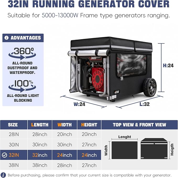Generator Covers While Running. 32x24x24 Inch Generator Cover, 900D+210D Heavy Duty Waterproof, PVC Transparent Visual Operation Window, Top Can Be Opened for Refueling. Black