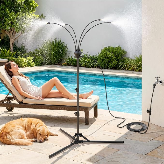 Roylvan Portable Misters for Outside Patio, Standing Misting System for Outdoor, 5.25ft Height Adjustable Stand Mister with 4 Nozzles, Tanning Mister Water Mist Hose Kit for Backyard Garden Pool Patio