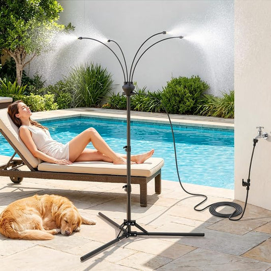 Roylvan Portable Misters for Outside Patio, Standing Misting System for Outdoor, 5.25ft Height Adjustable Stand Mister with 4 Nozzles, Tanning Mister Water Mist Hose Kit for Backyard Garden Pool Patio