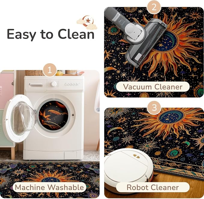 Vacuum-Friendly, 5x7 Washable Area Rug, Black Purple Gold | Sun and Moon Boho Gothic Non-Slip Low Pile Living Roon Bedroom Dining Room Kitchen Entry Entryway Entrance Hallway Doormat