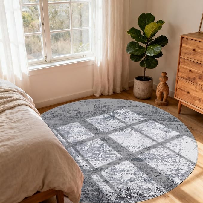 ROYHOME Modern Abstract 8x8 Round Area Rug Non Slip, Light Grey | Non Shedding Rug Low Pile Stain Resistant for Bedroom Living Room office Dining Room