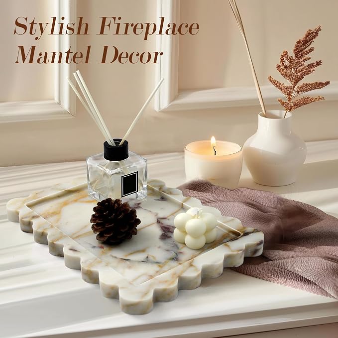 YMXYJM Genuine Calacatta Viola Scalloped Marble Tray, Real Natural Marble Stone Tray, Luxury Decorative Trays for Bathroom, Dresser, Vanity, Kitchen, Home Decor, 10.6" x 8", Calacatta Gold
