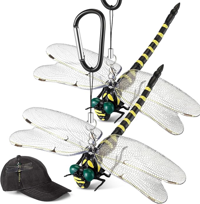 Qualirey Dragonfly Hat Clip Realistic Simulated Dragonfly with Hook Clip Attach to Backpack Hat for Indoor Yard Garden Plant Decor(Yellow,2pcs)