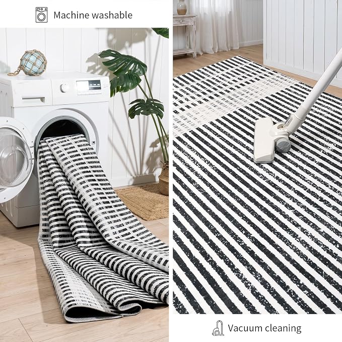 Washable 6x9 Modern Striped Area Rug, Abstract Living Room Rug | Black Beige, Soft Low Pile, Skin Friendly, Non-Slip for High Traffic, Bedroom Vintage Braided Paid Style Home Decor
