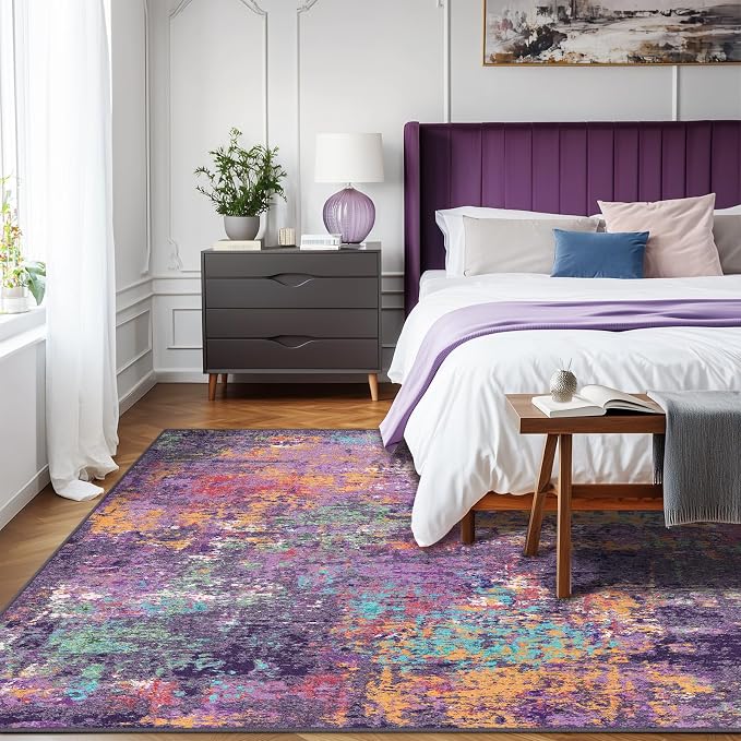 RELEANY Washable 6'x9' Abstract Area Rug for Living Room Purple Multi | Carpet for Bedroom, Kitchen, Office, Hallway and Entryway, Printed Pattern, Non‑Slip, Soft, Stain‑Resistant, Easy to Clean