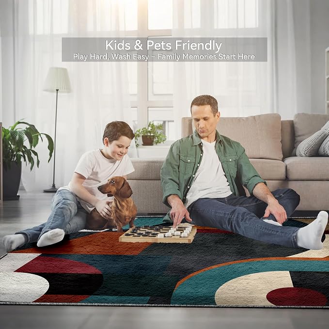 Nayoroom Modern Abstract Geometric 8x10 Area Rug, Soft Faux Wool Non-Slip Washable, Mid Century Vintage Retro Multicolor Geometric Rug for Living Room Bedroom