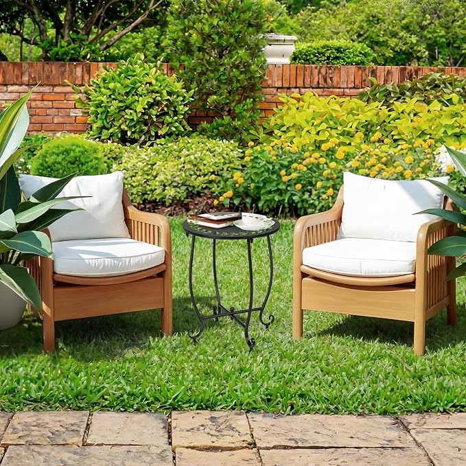 Thyle 2 Pcs Outdoor Side Table with Flower Cutout 13" Metal Small Round Weather Resistant Patio Side Tables for Outside, Balcony, Porch, Garden Bistro Indoor Outdoor Yard(Wreath Leaf)