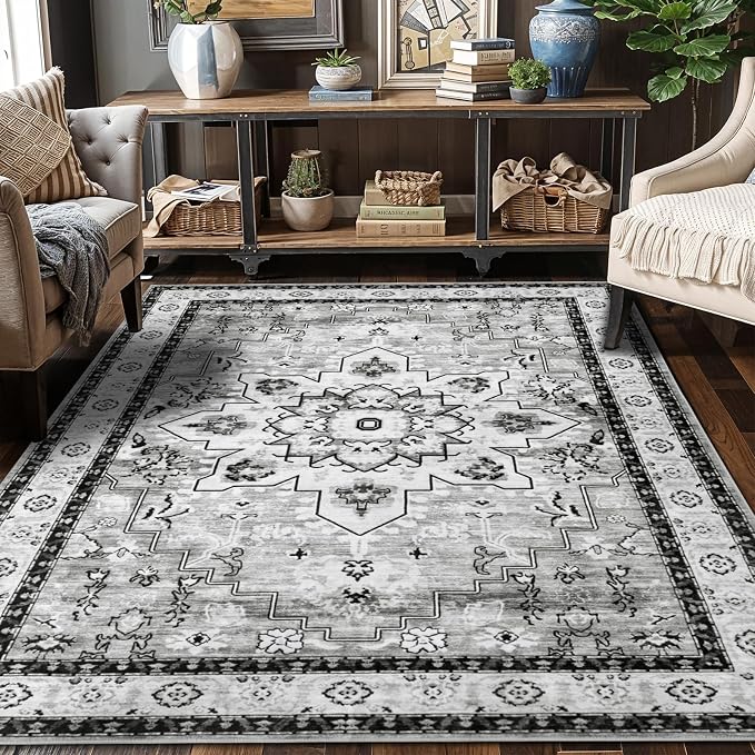 LBRO2M Machine Washable Rug Soft Pet Friendly Carpet 5X7 Light Gray | Area Rug 5X7 for Living Room, Bedroom, Dining Room, Home Office, Non Slip Carpet, Foldable Stain Resistant Rugs