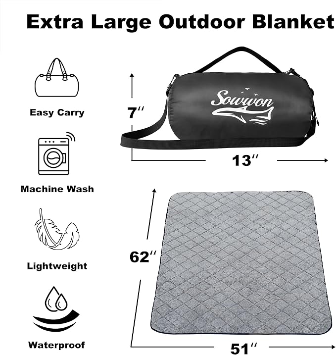 Waterproof Outdoor Blanket 62"x51" Sherpa Fleece 300GSM Black | Stadium Blankets for Camping, Packable, Windproof Emergency Throw for Grass Picnic Hiking Road Trip, Machine Washable