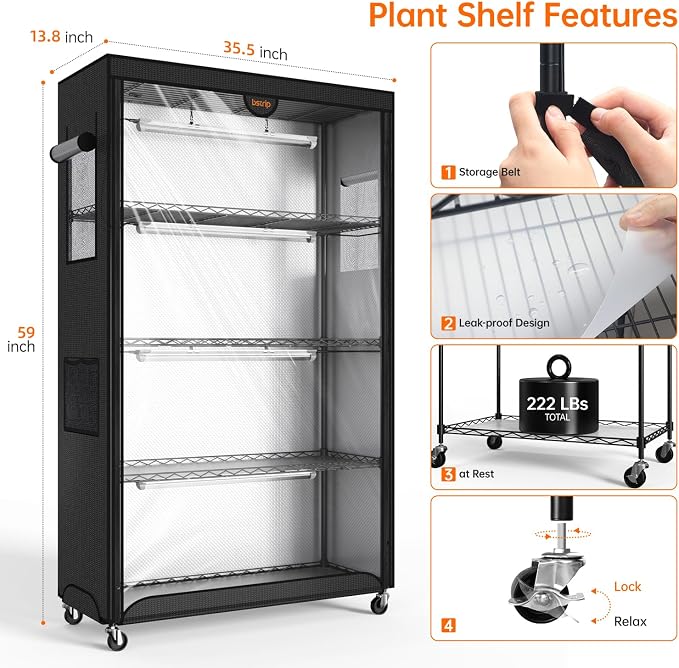 Bstrip Indoor Greenhouse with Grow Light, Plant Shelf with Oxford Fabric Grow Tent , Indoor Greenhouse Cabinet for Indoor Plant, Seed Starting, Seed Tray, 35.4"x13.8"x59"