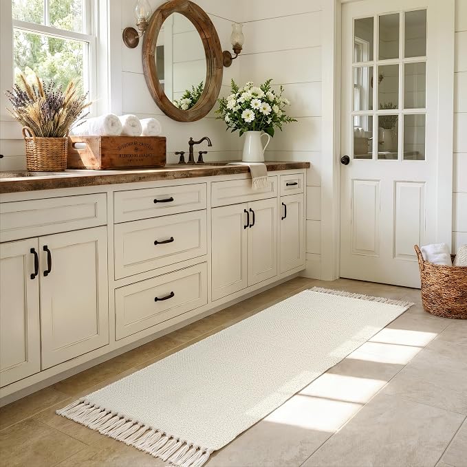 2' x 6' Kitchen Runner Rug, Modern Farmhouse Washable Bathroom Mat | Boho Hand-Woven Hallway Runner Rugs, White Reversible Bedroom Rug, Soft Braided Carpet for Laundry Entryway Bedside Decor