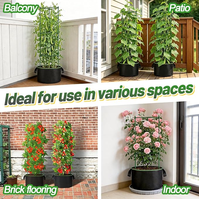 ANPHSIN Sturdy Triangle Tomato Cage with Movable 10 Gal Grow Bags - 3 Sets 47'' Plants Garden Trellis Planters, Support for Indoor Outdoor Beans, Peppers, Eggplants, Climbing Vegetables