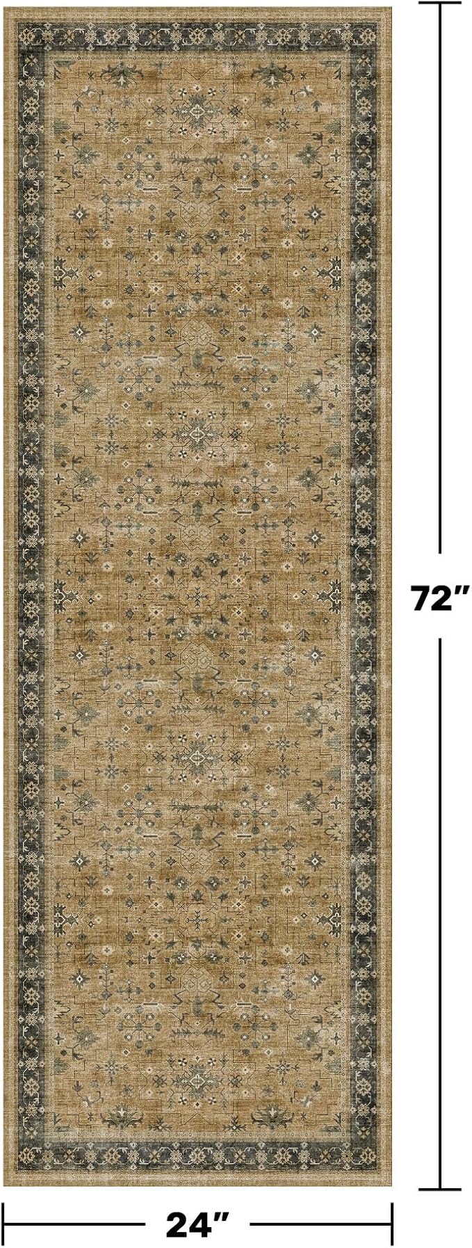 Washable 2x6 Entryway Runner Rug, Boho Kitchen Floor Mat for Indoor Entrance and Bathroom, Vintage Rustic Brown and Charcoal Olive Decor, Non-Slip Stain Resistant Low-Pile Throw Rug