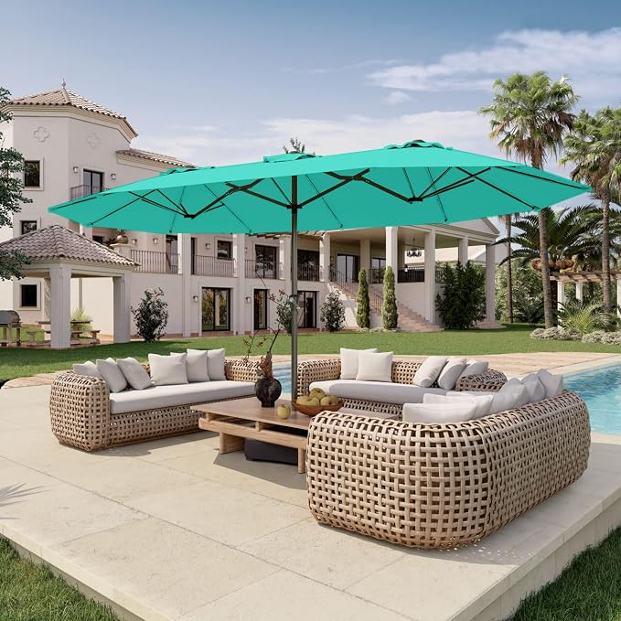 15FT Double Sided Patio Umbrella with Base Included Large Outdoor Market Umbrella with Crank Handle, UV Resistant Canopy, Sturdy Frame for Garden, Poolside, Deck, Turquoise Blue