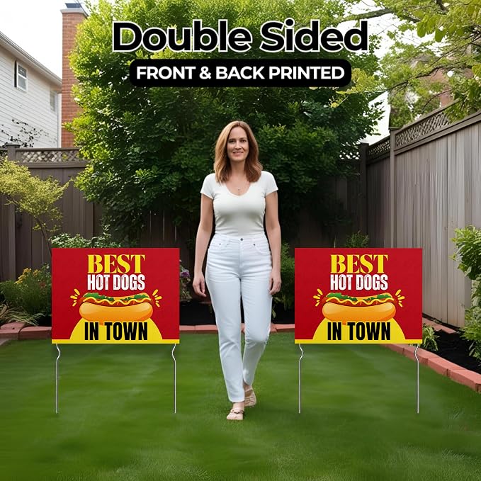 Besst Hot Dogs in Town - Stop In! Yard Sign by DC | 24"x18" Double Sided Conv. Store Garden Sign with 13” Metal Stakes | Outdoor Signs Waterproof for Lawn, Patio, Sidewalk & House | Set of 1