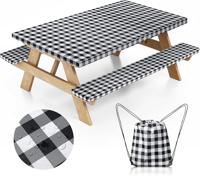 Picnic Table Cover with Bench Covers and Bag, Camping Table Camping Essentials Cover with Elastic Edges(Black)