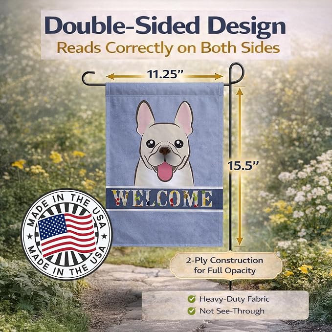 Caroline's Treasures BB1424GF French Bulldog Welcome Garden Flag, Blue Mailbox Flag Decorative Yard Flag Banner Outside Patio Artwork Yard Flower Beds, Garden Size, Multicolor