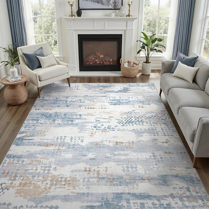 DCX Washable Abstract Area Rug 6x9, Non Slip Low Pile Rug, Blue | Easy to clean, non-shedding, soft, kid & pet friendly, with a non-slip rubber backing for living rooms, bedrooms, and offices