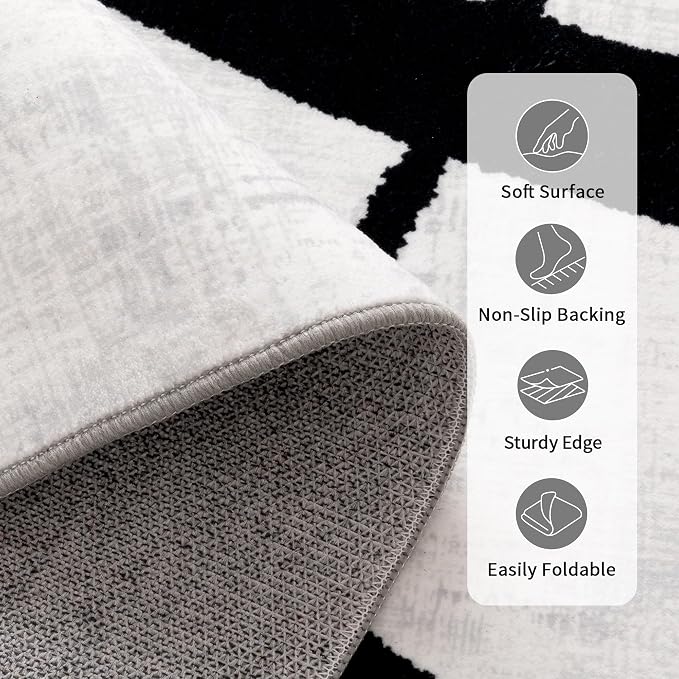 9x12 Washable Modern Abstract Black White Area Rug | Ultra-Thin Low Pile, Non-Slip TPE Backing, Soft Stain Resistant, Machine Washable, for Hallway Entryway Laundry High Traffic