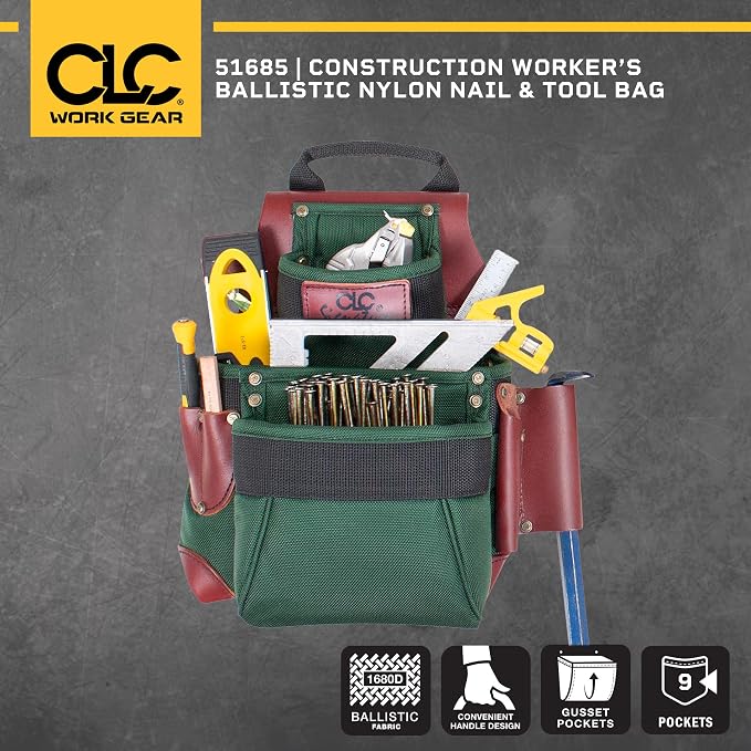 CLC Custom Leathercraft 51685 Signature Elite Ballistic Nylon Nail & Tool Bag, 7 Pocket