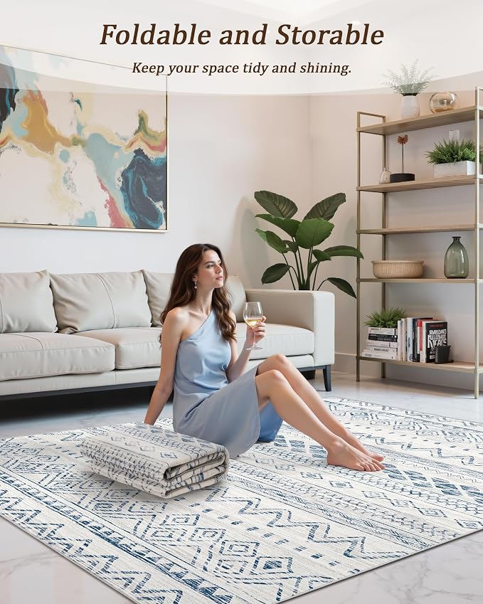 Miukiki 9x12 Area Rug for Living Room, Washable Non Slip Moroccan Rug Blue | Large Soft Rug for Kitchen Bedroom Dining Room Office, Low Pile Indoor Floor Carpet Home Decor 9'x12'