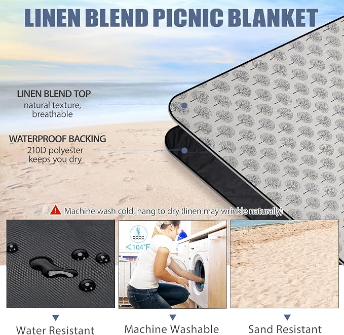 Picnic Outdoor Blankets Waterproof Extra Large - Beach Mat Sand Free Foldable with Carry Strap | Portable Camping Blanket | Park Blanket for Grass Park, Hiking, Travel, Concerts, Indoor (Black Flower)