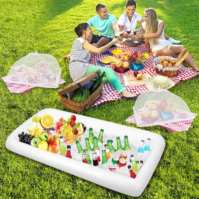 1PCS Inflatable Serving Bars and 3PCS Mesh Food Umbrella Covers Tent for Outdoor,Keep Salads Beverages Ice Cold - For Parties Indoor & Outdoor BBQ, Picnic Pool Party Supplies Luau Cooler