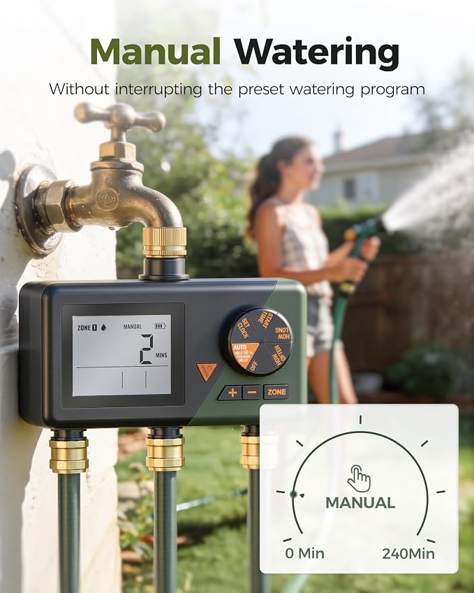 Diivoo Sprinkler Timer 3 Zone, Water Hose Timer 3 Outlets for Garden, Programmable Automatic Irrigation with Rain Delay, Manual/Auto Mode Watering, IP54 for Lawn, Yard, Pool