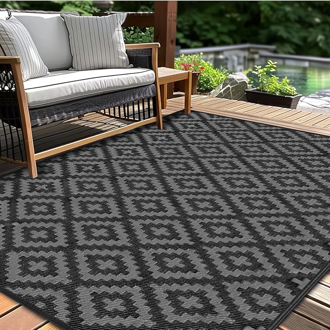 Outdoor Patio Plastic Straw Rug - 4x6 ft Outdoor Camping Rug Waterproof Reversible, Area Carpet Patios RV, Outside Porch Balcony Deck for Camper, Black & Grey