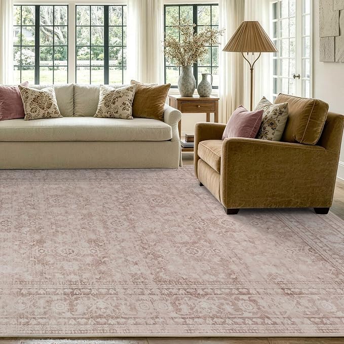 8x10 Ft Large Area Rugs for Living Room, Soft Non-Slip Machine Washable Rug, Vintage Stain Resistant Carpets for Bedroom Nursery Dining Room Home Decor (Grey Pink)